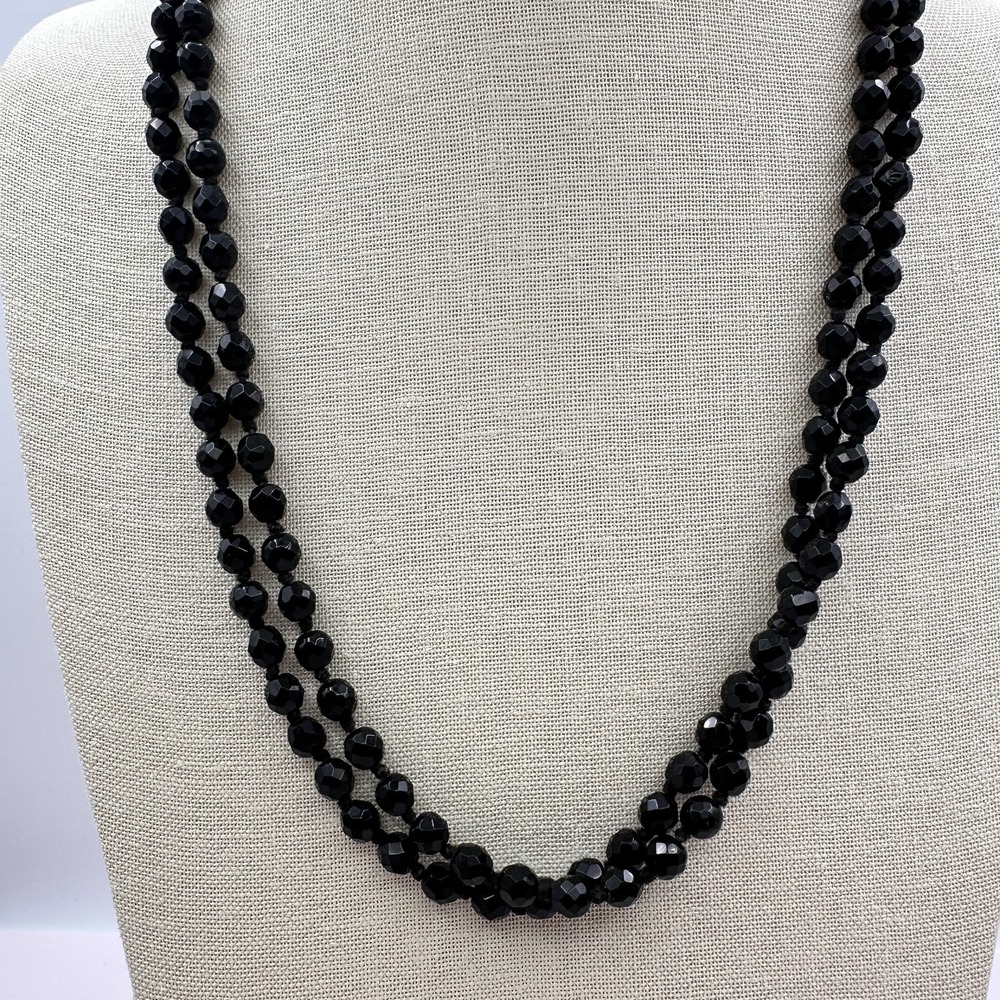 90s Jet Black Beaded Double Strand Necklace - Faceted Acrylic Boho Jewelry